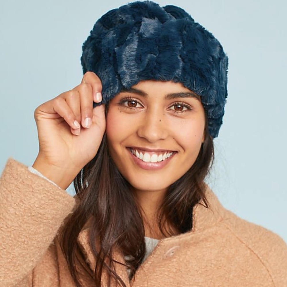 Anthropologie faux fur blue beanie